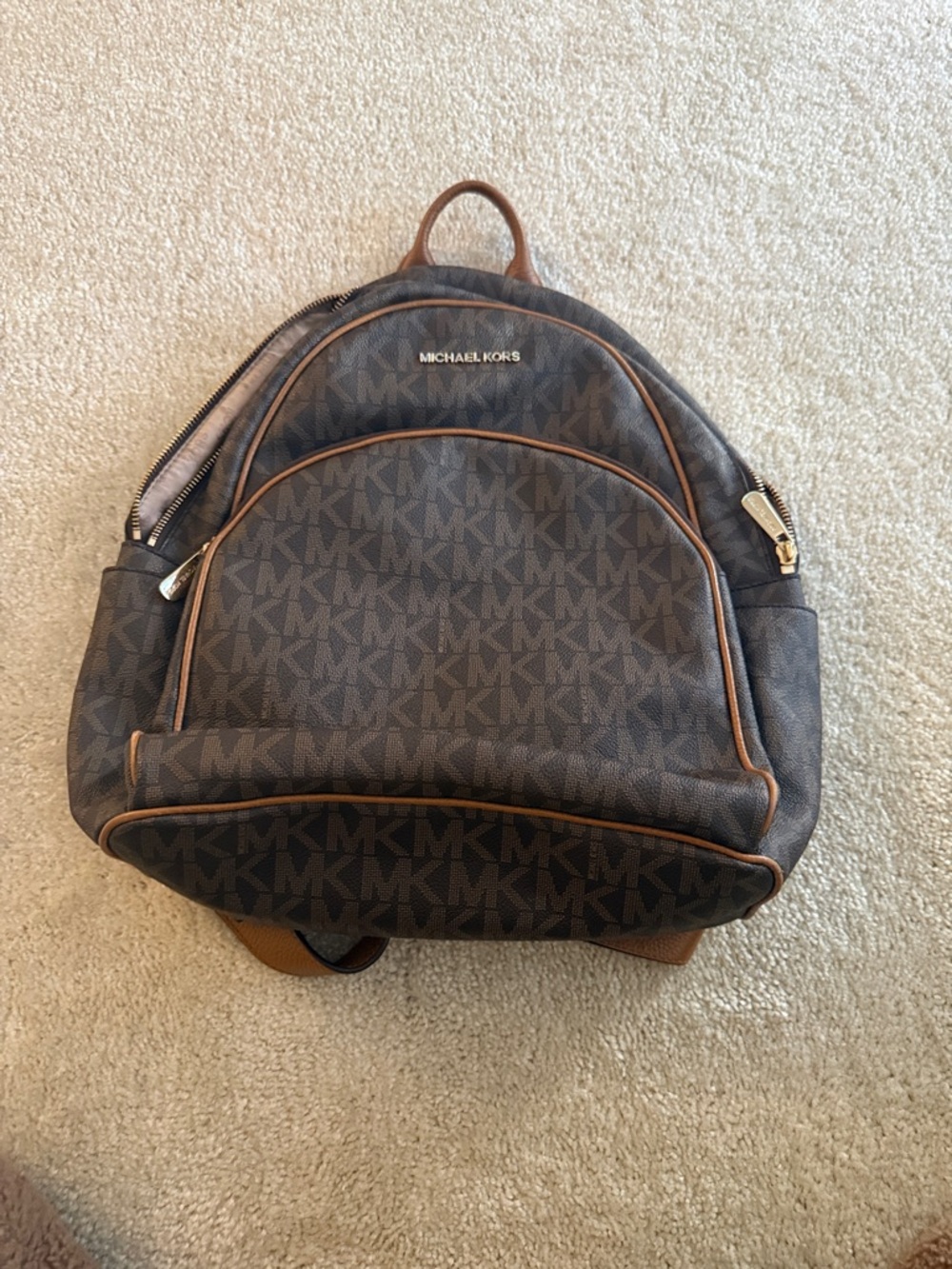 Michael Kors Brown Monogram Backpack with Tan Trim